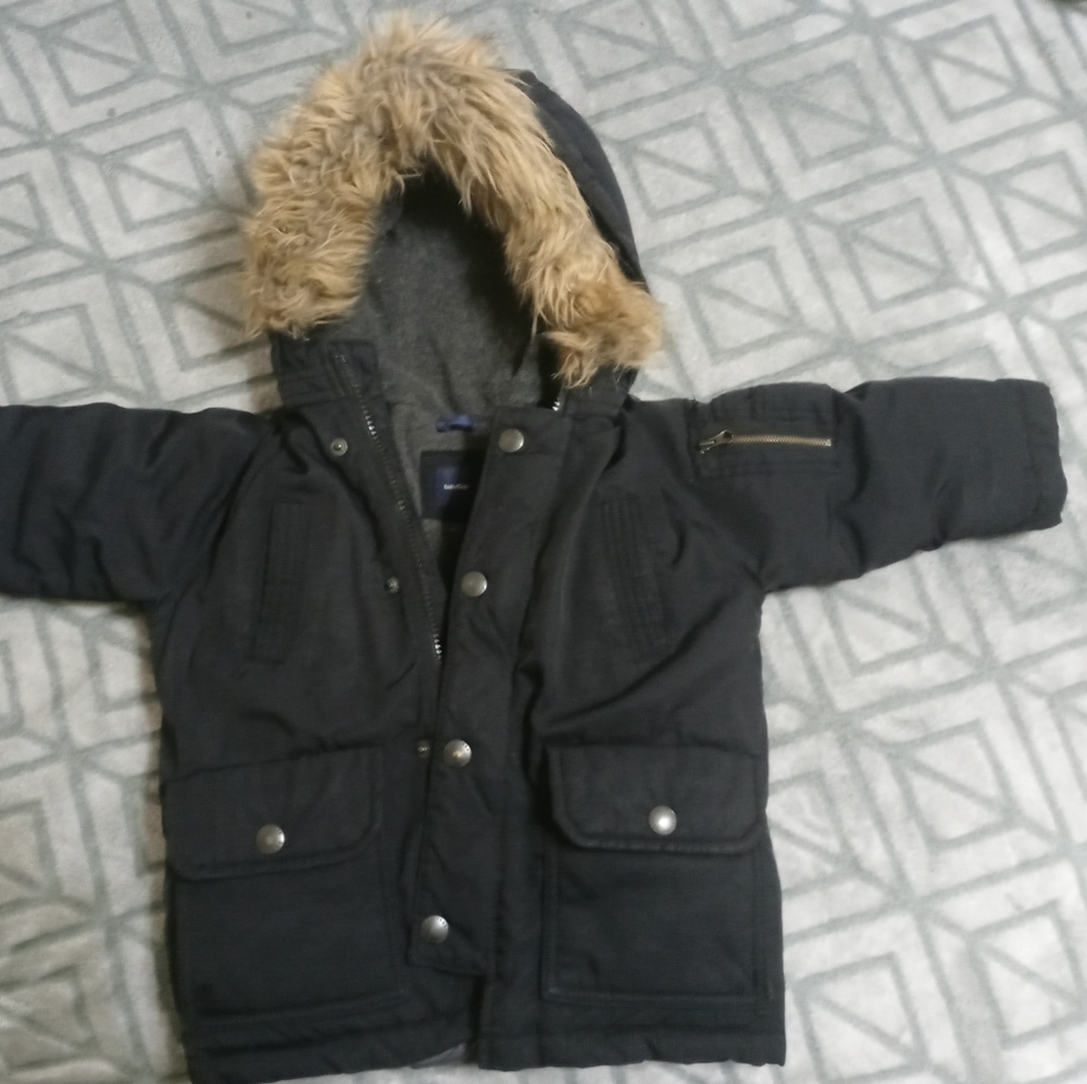 Baby GAP winter coat 2T fur hood zip & button black warmest snorkel jacket 24 M
